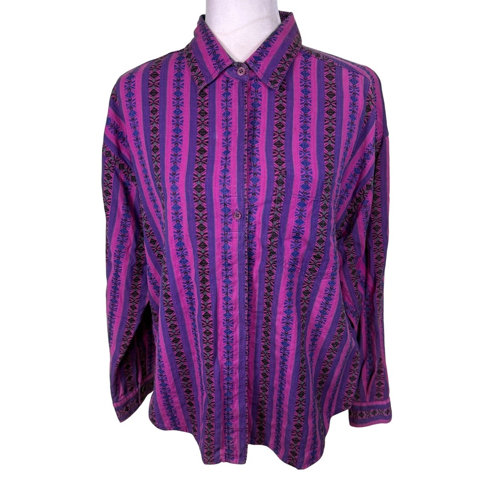 Jeans Wear Womens Purple Pink Geometric Stripe Cotton‎ Button Down Shirt Medium